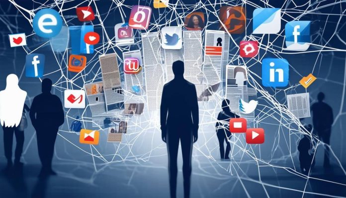 An image of a tangled web of social media icons, news articles, and people sharing information on various platforms, with a shadowy figure lurking in